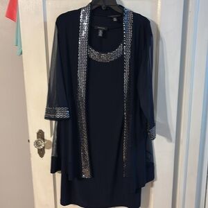 Elegant Navy Dress with Embellished Neckline and 3/4 Jacket